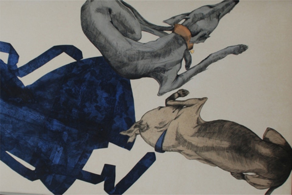 Carolyn HORTON La Peignoir & Long Dogs etching and chine colle collaged onto paper