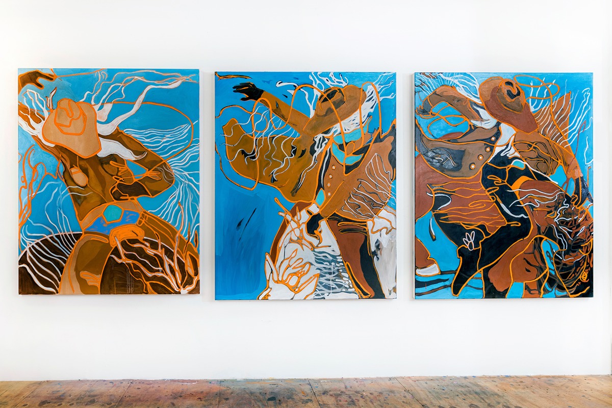 Trish WYLIE 'Desert Cowboys' oil on canvas, triptych 5 x 4' each