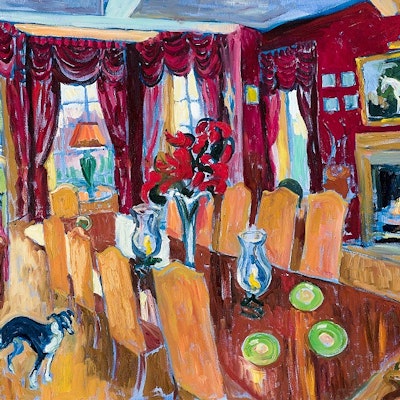 Red Dining Room with Dog 2016