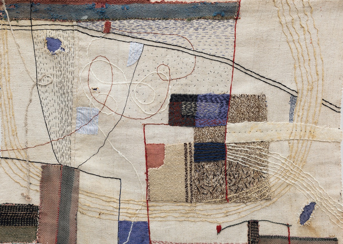 Susan MOXLEY 'Port Landscape' collage vintage wool, flax seeds, thread 100 x 130 cm